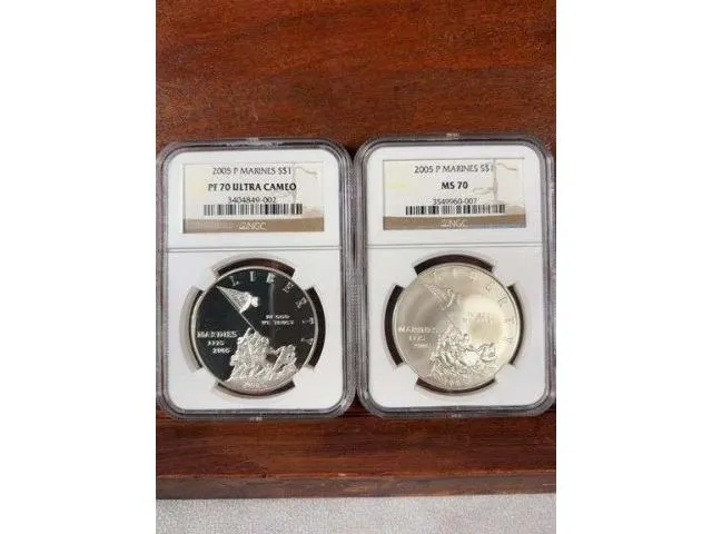 2 - 2005 US Marines Silver Dollars NGC MS 70 & PF 70 Ultra Cameo