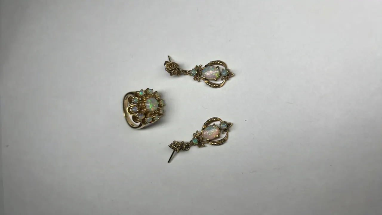 14K Marked Opal Ring & Earring Set, Size 4.5, 12.4 Gram