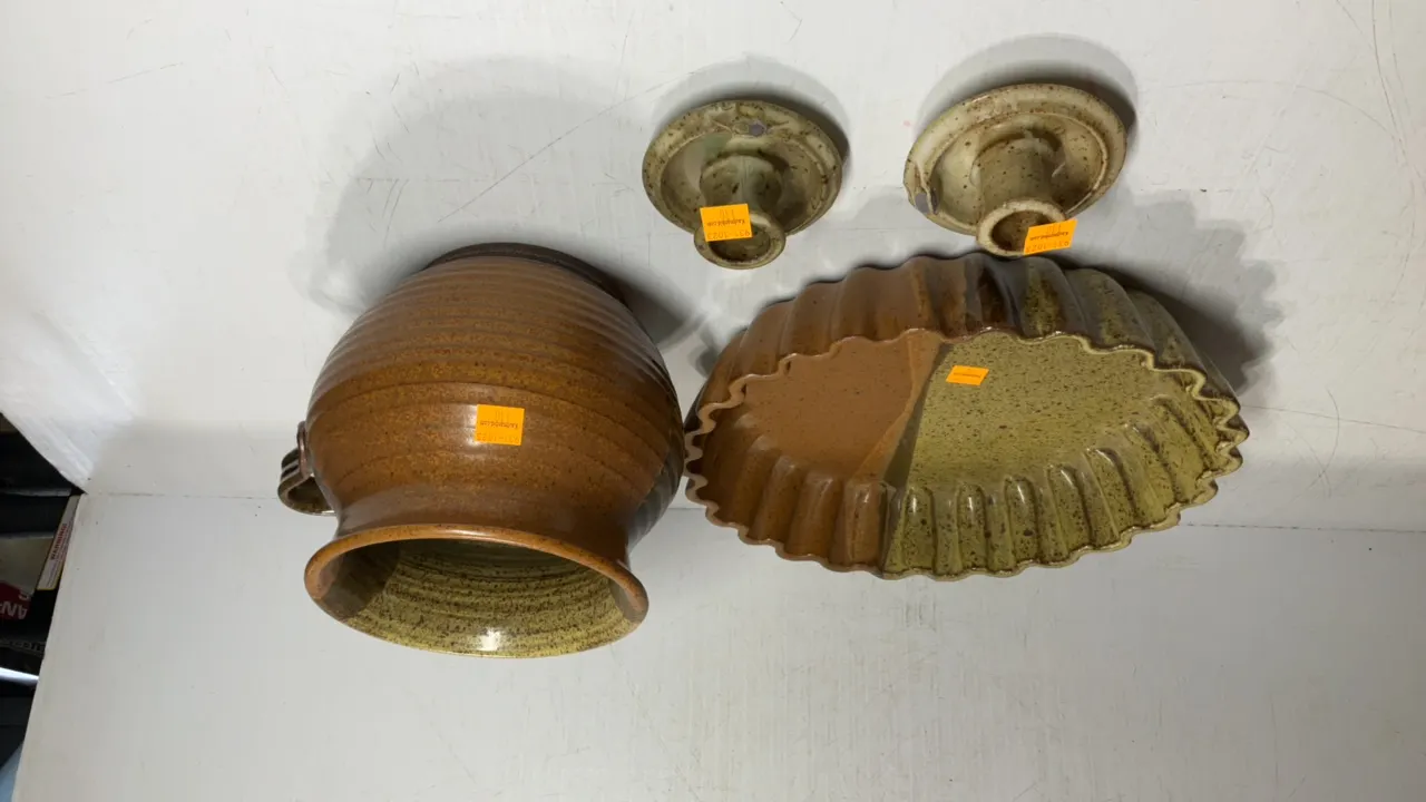 Glazed Pottery Ridged Bowl, Handled Pot/Vase, Candleholders