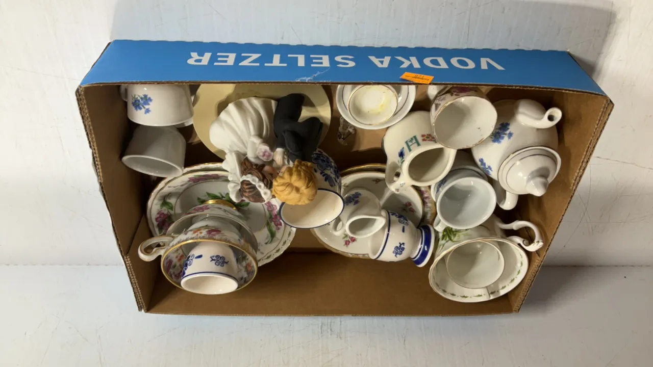 Assorted Tea Sets, Porcelain Bride and Groom Decor
