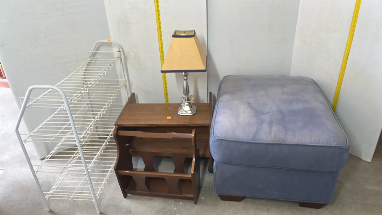 Blue Cloth Ottoman, Wire Shoe Rack, Table Lamp, Wooden Magazine Rack and Storage