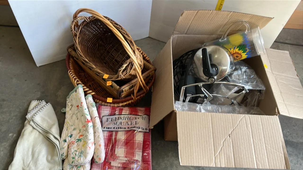 Assorted Kitchen Items, Cloths, Wicker Baskets