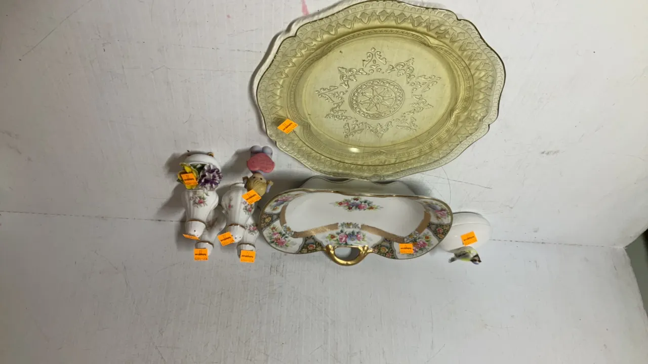 Bone China Salt and Pepper Shakers, Depression Glass Dish, Misc.