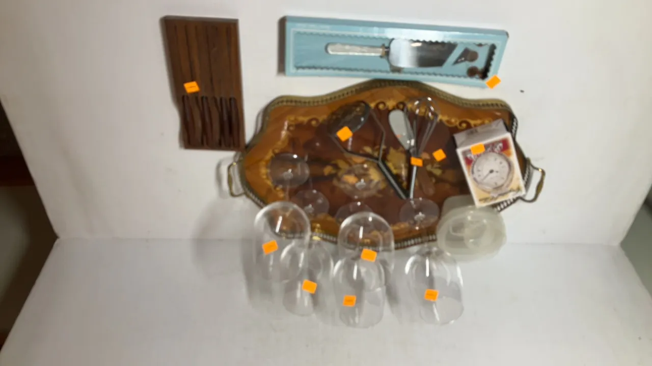 Wine Glasses, Kitchen Knives, Serving Tray, Clock