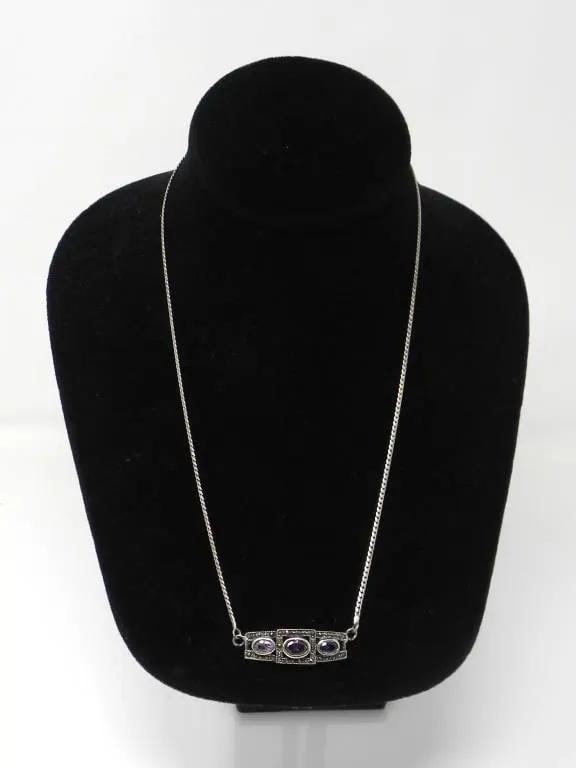925 SILVER PURPLE STONE & MARCASITE NECKLACE 10g