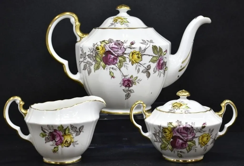 ADDERLEY ENGLAND TEAPOT, CREAMER, & SUAGR BOWL