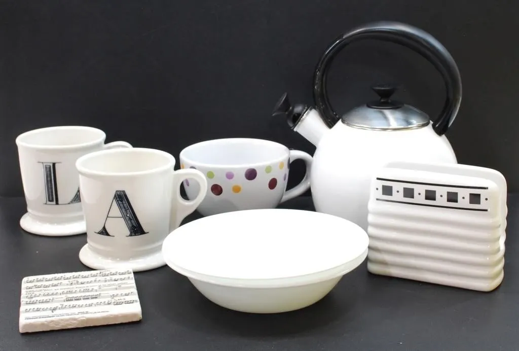 WHITE KITCHEN KETTLE, MUGS, BOWLS