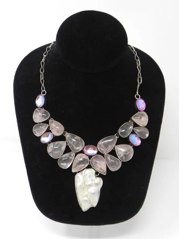 BAROQUE PEARL & ROSE QUARTZ 925 SILVER NECKLACE