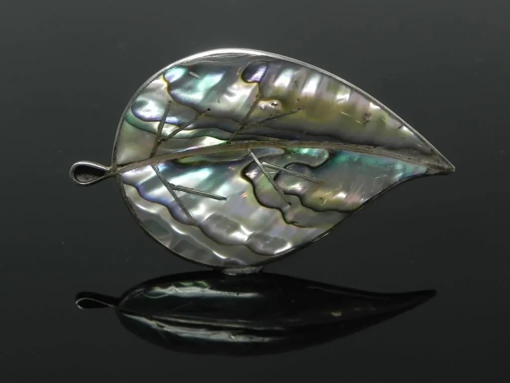 MEXICO 925 SILVER ABALONE SHELL LEAF BROOCH 7.39g