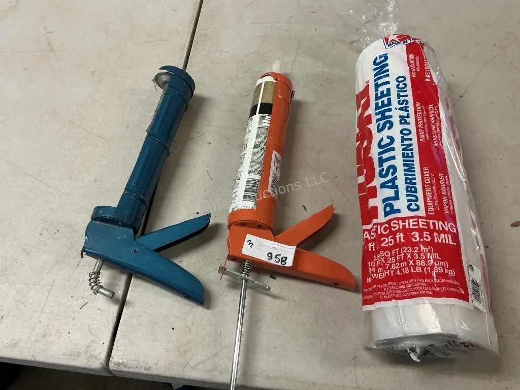 3 Items - Caulk Guns & Plastic Sheeting