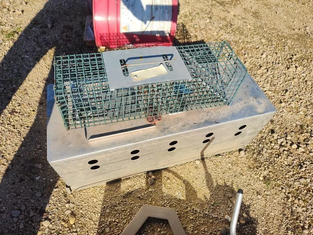 Small live trap, box and stake
