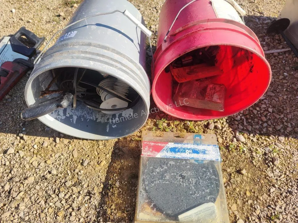 2 pails with assorted items