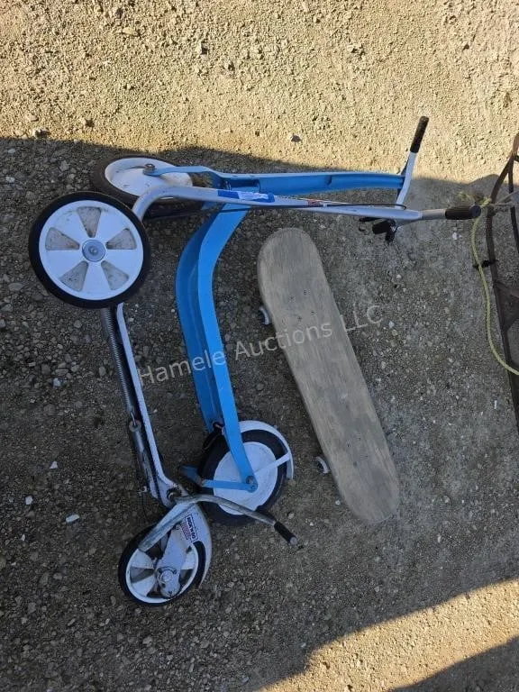 2 scooters and skate board