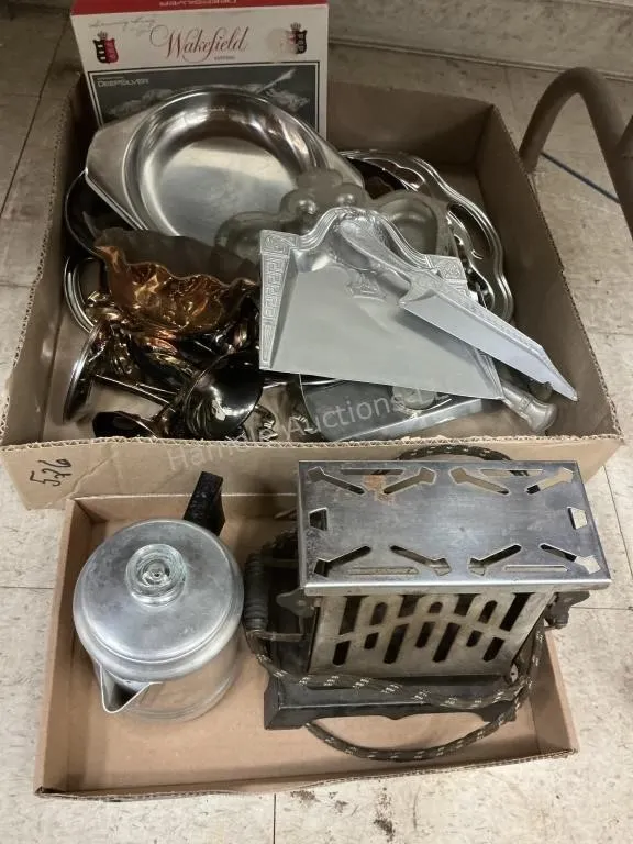 2 Boxes Metal Wares & Antique Toaster