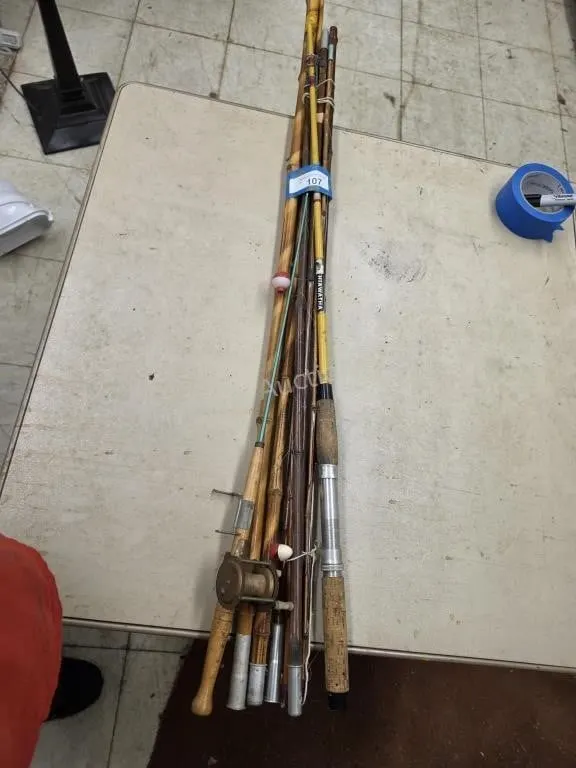 Cane poles and 1 ice fishing poles with reel