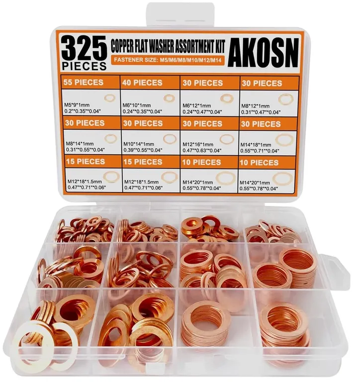 Akosn Copper Flat Washer Assortment Kit 325ct