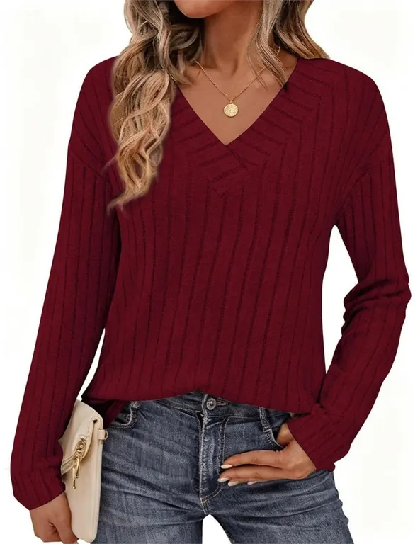PrettyGarden Ribbed V-Neck Tunic Top Burgundy XL