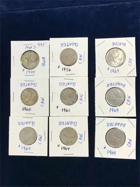 6 Canadian Silver 25 cent pieces and 3 quarters