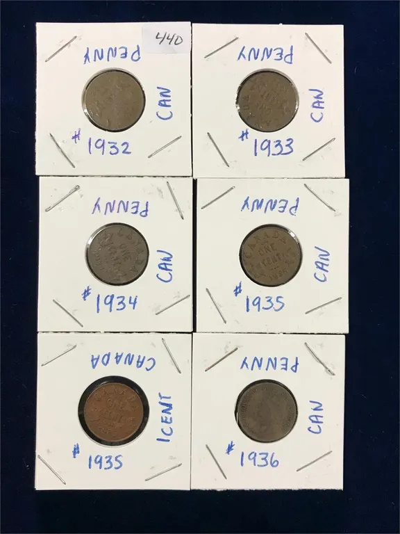 1932, 33, 34, 35, 35, 36 Canadian pennies
