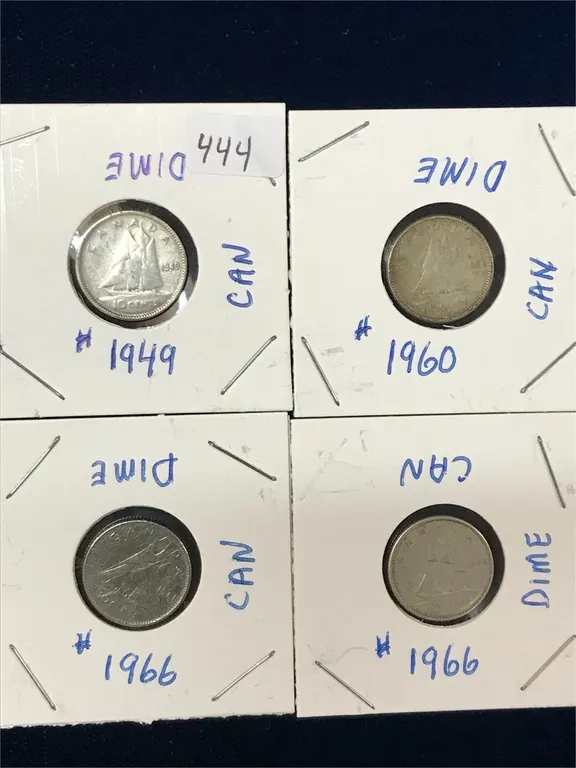 4 Canadian Silver 10 cent pieces