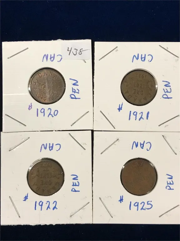 1921, 22, 23, 25 Canadian pennies