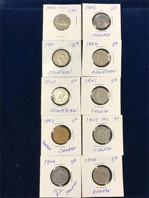 10 Canadian Nickels 1940 to 47 & 47ml, 49