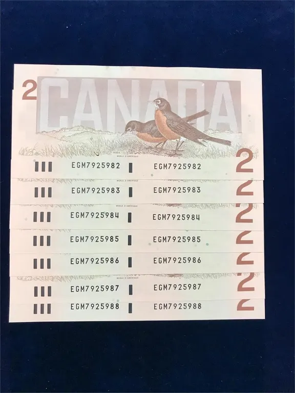 1986 Can $2 Bank Notes 7 in sequence. Uncirculated