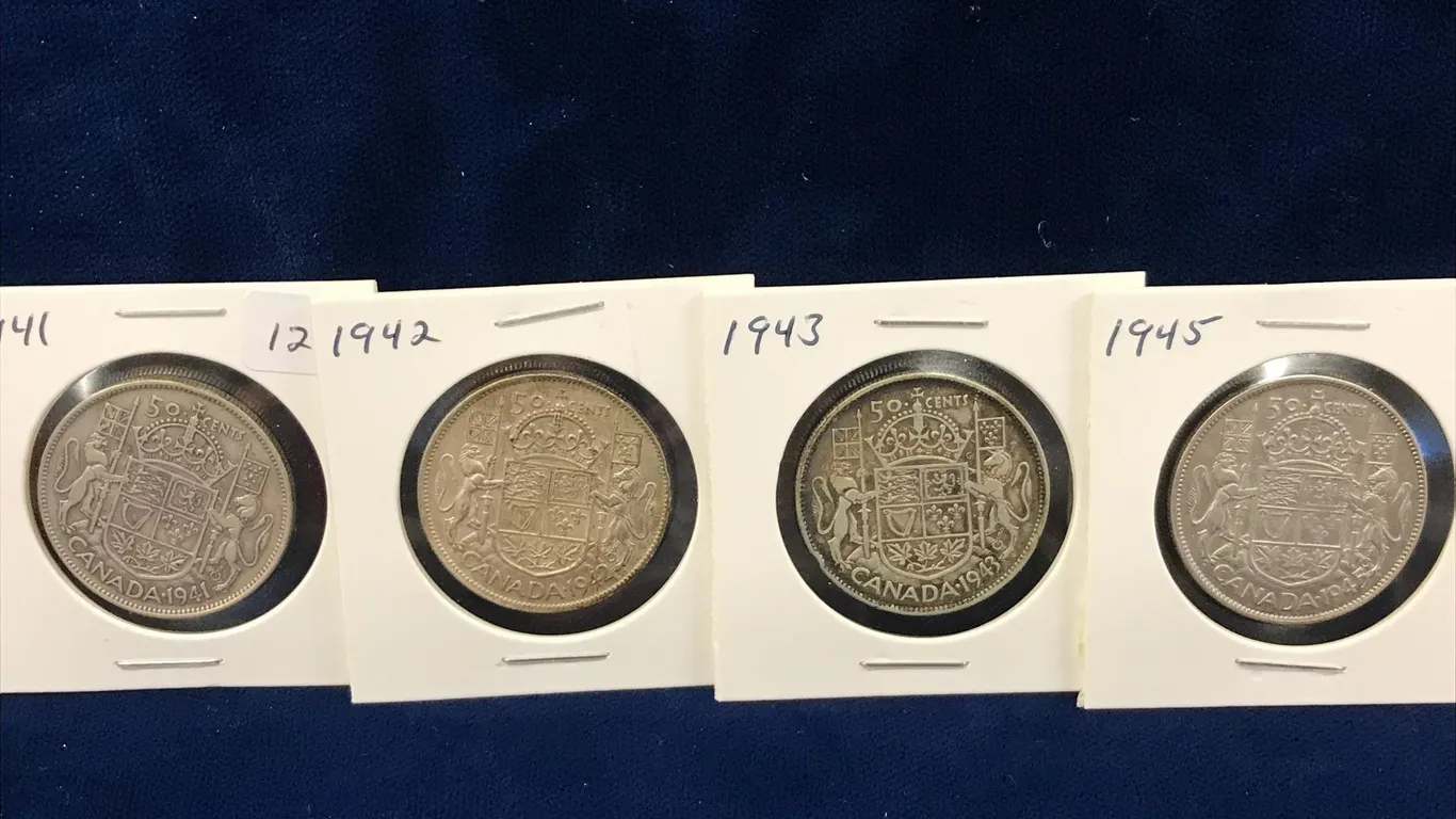 1941, 42, 43, 45 Can Silver 50 cent pieces