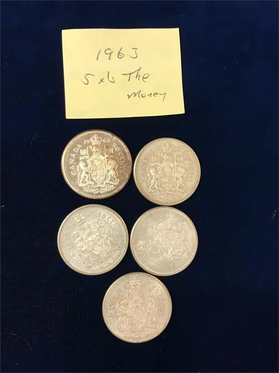five 1963 Can Silver 50 cent pieces
