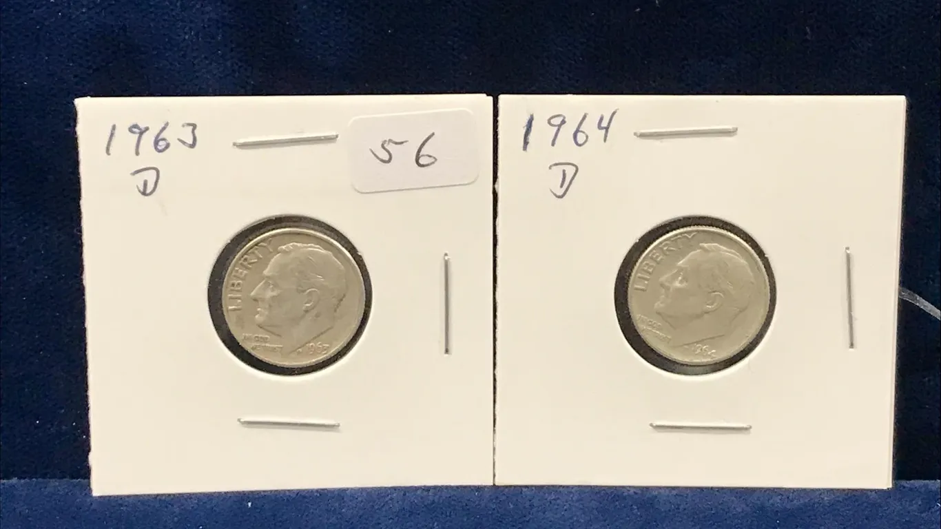 1963D & 64D USA Roosevelt Silver 10 Cent Pieces