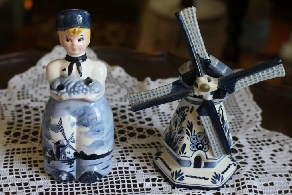 Delft Blue Windmill & Dutch Girl Figurines, Pair