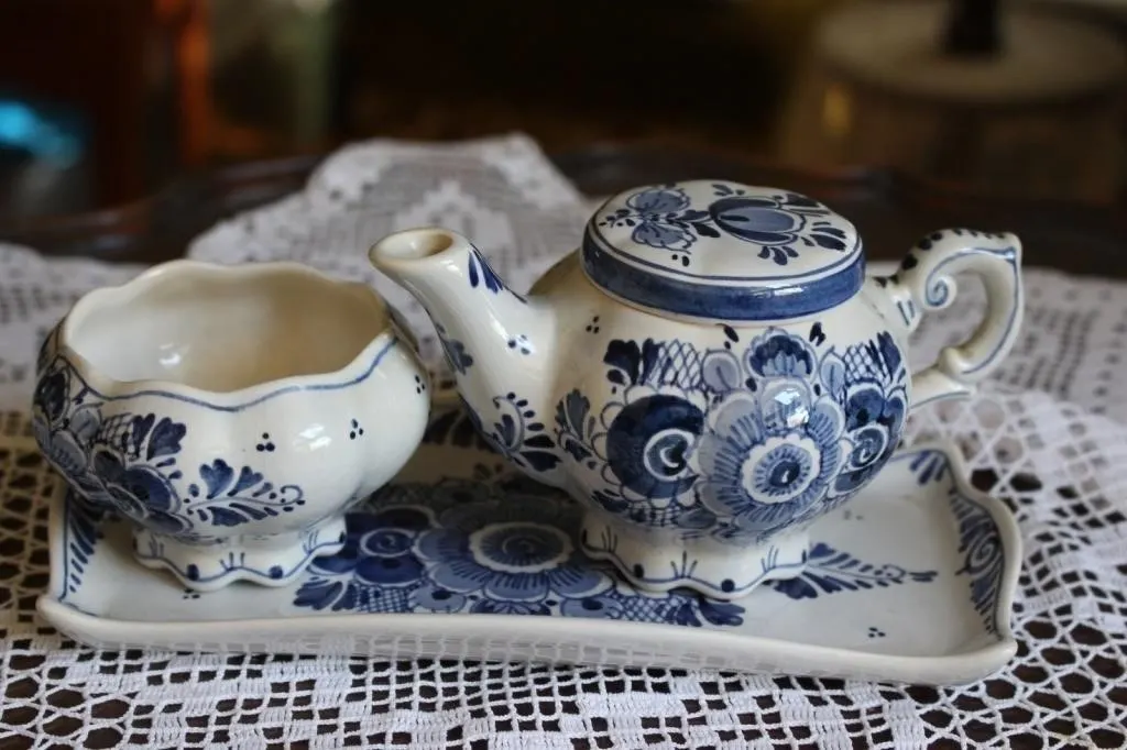 Delft Blue & White Miniature Teapot, Creamer &