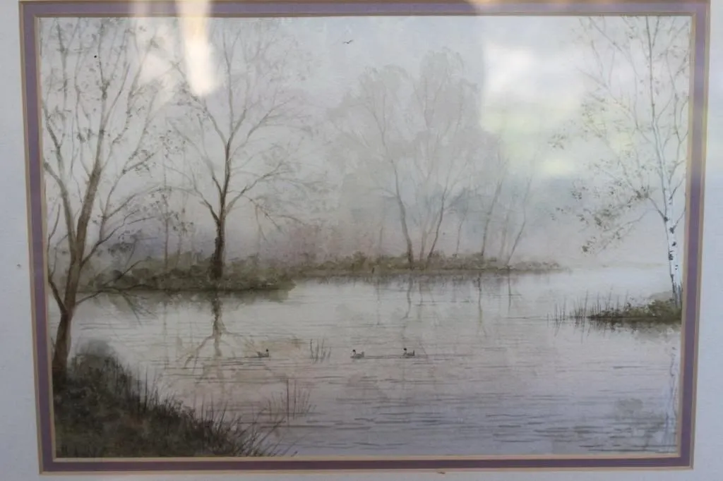 Framed watercolor print, misty lake with waterfowl