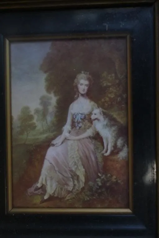 Framed print, lady with dog, antique style