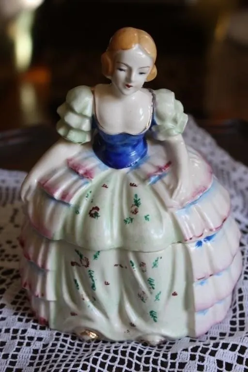 Porcelain lady figurine trinket box, hand painted
