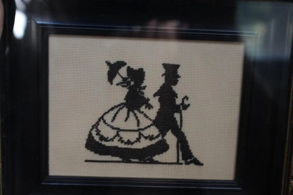 Framed cross-stitch Victorian couple silhouette,