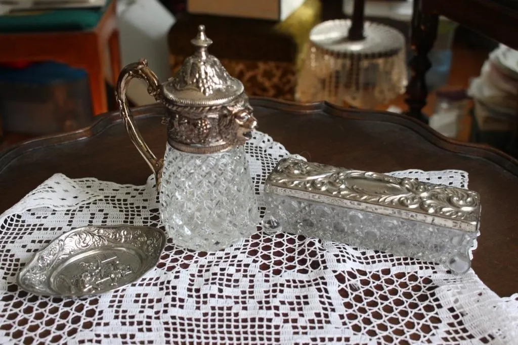 Silver-plate cut-glass cruet, trinket box and dish
