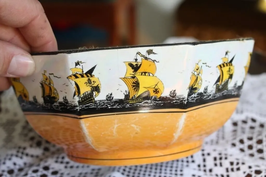 Orange Lustreware Galleon Ship Bowl, Made in
