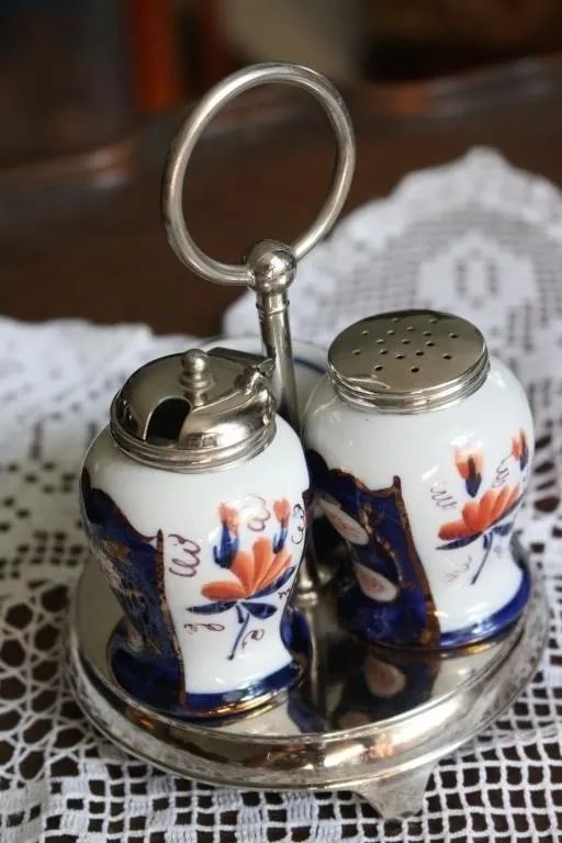 Imari-Style Porcelain Condiment Set in Silverplate