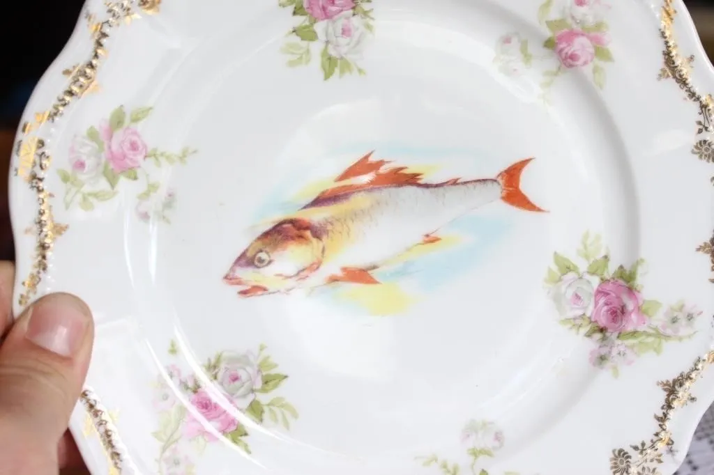 Floral China Plate with Painted Fish Design Royal