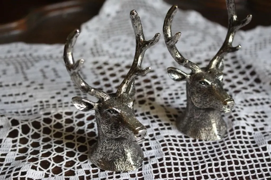 Pair Metal Stag Head Figurines Salt & Pepper
