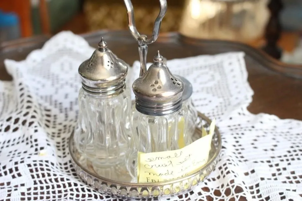 Small Glass Cruet Set with Silverplate Caddy