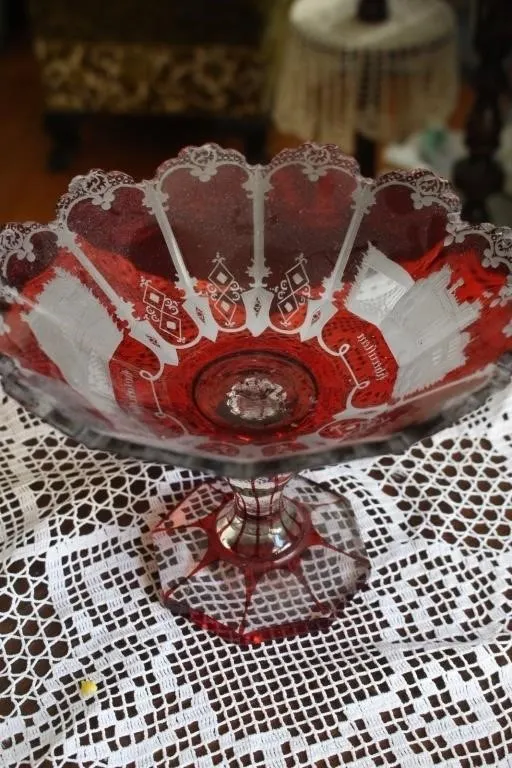 Red Overlay Cut-to-Clear Glass Compote