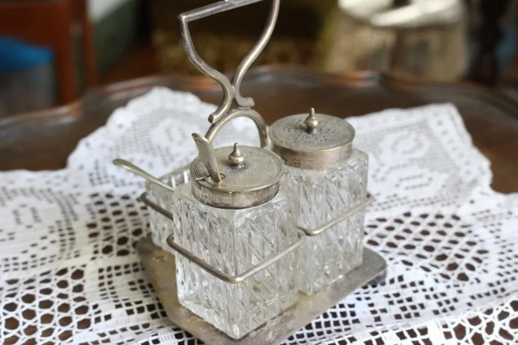 Silverplate Cruet Stand w Cut Glass Jars