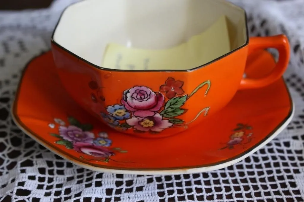 Orange Floral Octagonal Teacup & Saucer