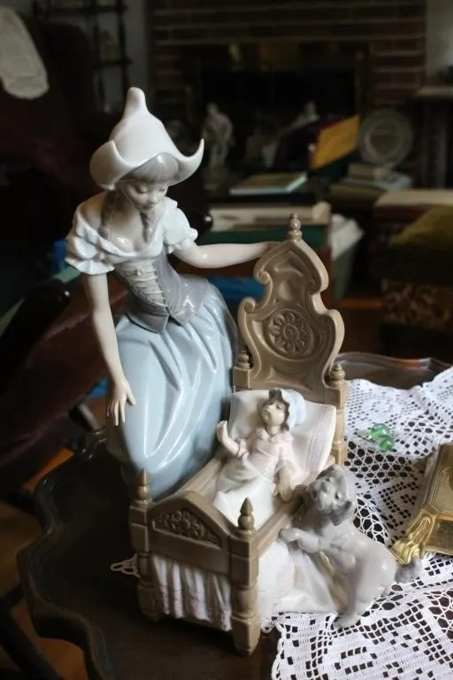 Lladro-style Porcelain Figurine with Crib and Dog