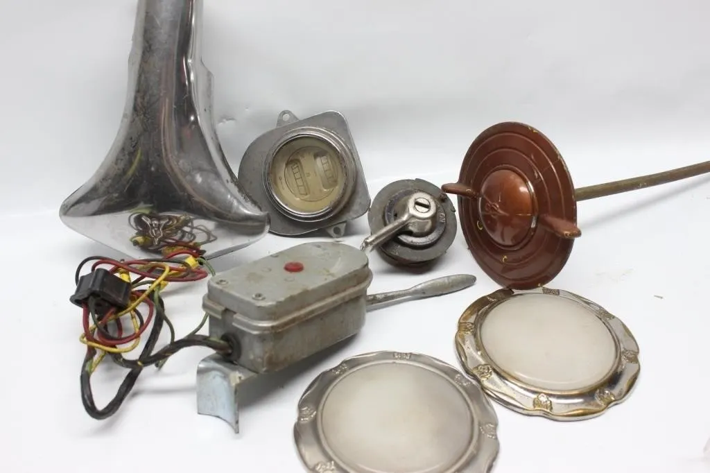 Vintage Auto Parts Lot - Gauges, Gas Cap, Hood
