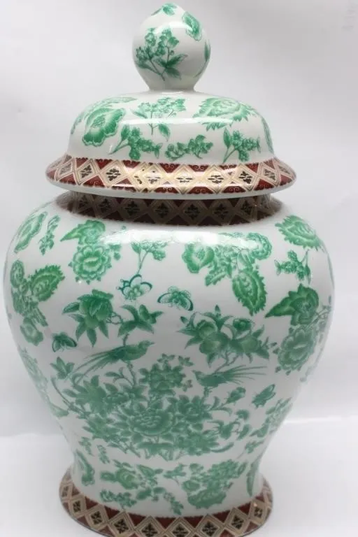 Green & White Porcelain Ginger Jar with Lid