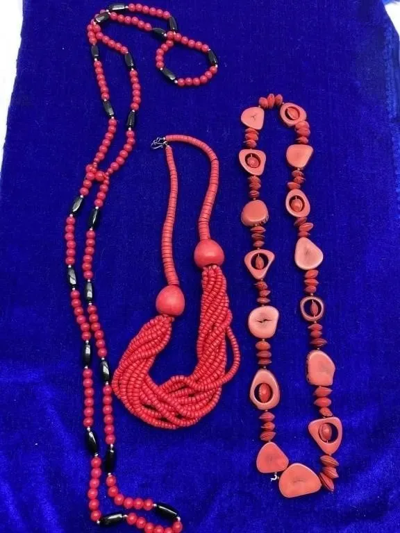 Three Red and Black Beaded Statement Necklaces