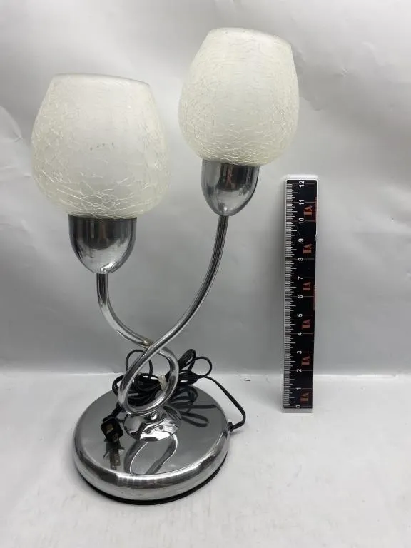 Chrome Double-Arm Table Lamp with Crackle Glass